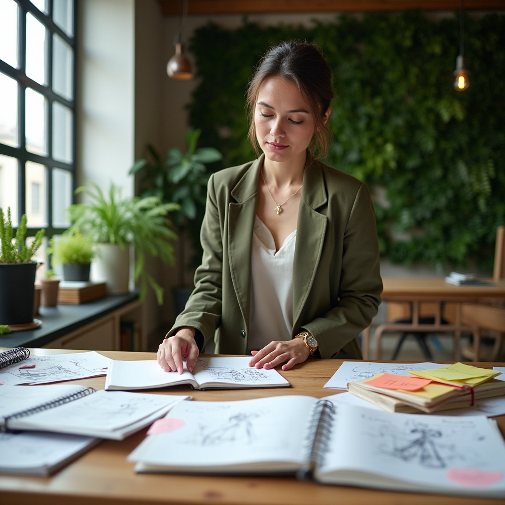 Arbeitsplatz mit mehreren begonnenen Projektskizzen und Notizen